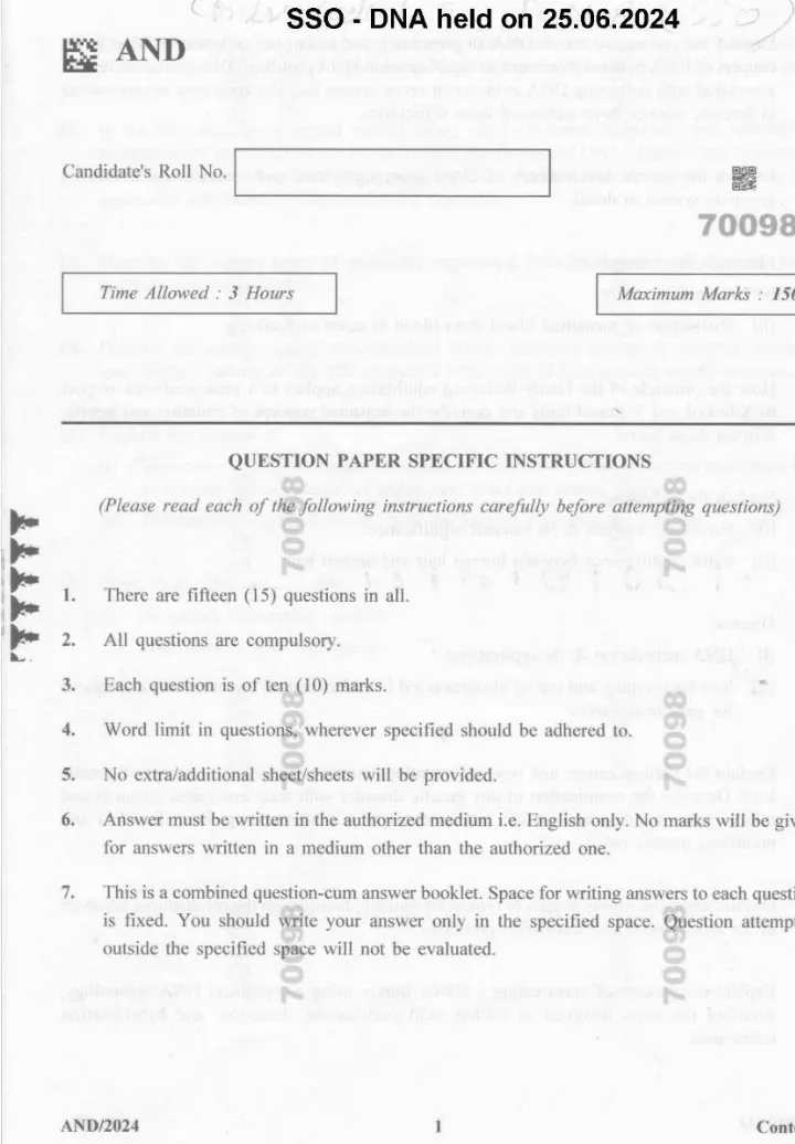 Senior DNA SSO Exam 2024: Haryana Question Paper — page 1 instructions scan PDF download
