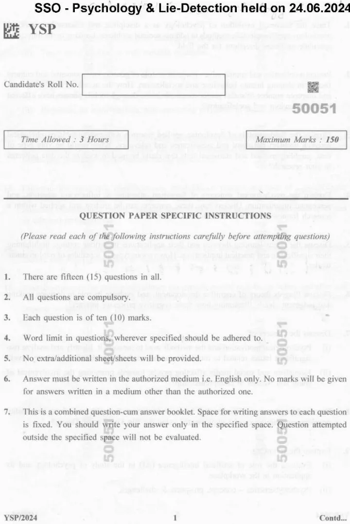 Senior Scientific Officer Psychology & Lie-Detection 2024 Haryana — page 1 instructions scan PDF download