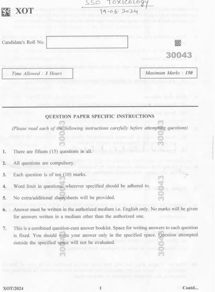 Haryana SSO Toxicology 2024 Question Paper - OCR repaired — page 1 instructions scan PDF download