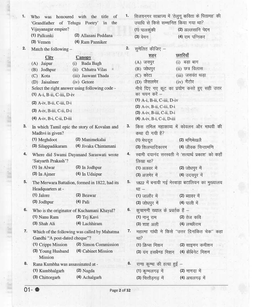 Head Master Praveshika School 2021 Paper I question paper page 1 instructions scan PDF download RPSC General Studies