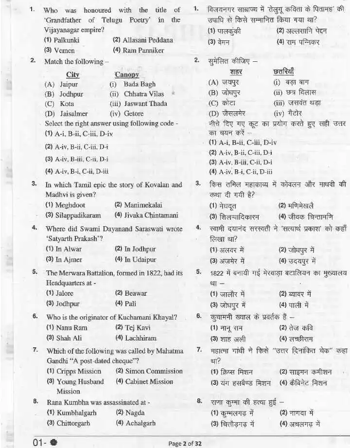 Head Master Praveshika School 2021 Paper I question paper page 1 instructions scan PDF download RPSC General Studies