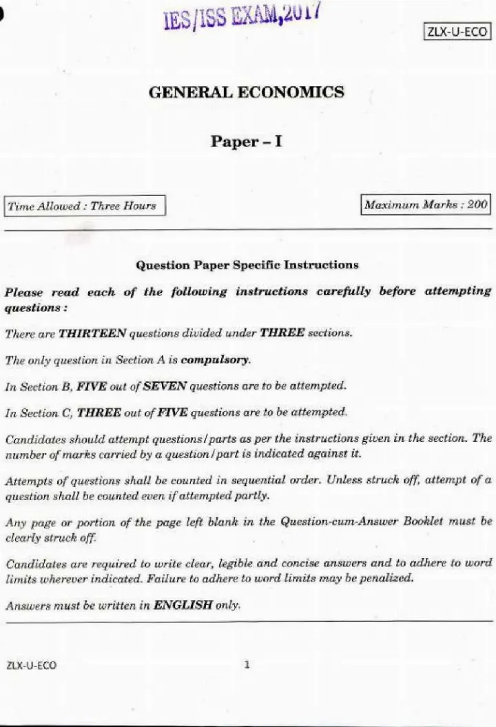 IES ISS 2017 General Economics Paper I question paper page 1 instructions scan PDF download UPSC