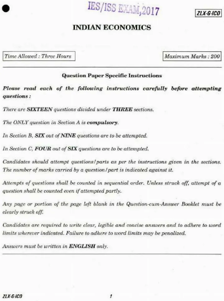 IES ISS 2017 Indian Economics question paper page 1 instructions scan PDF download UPSC exam