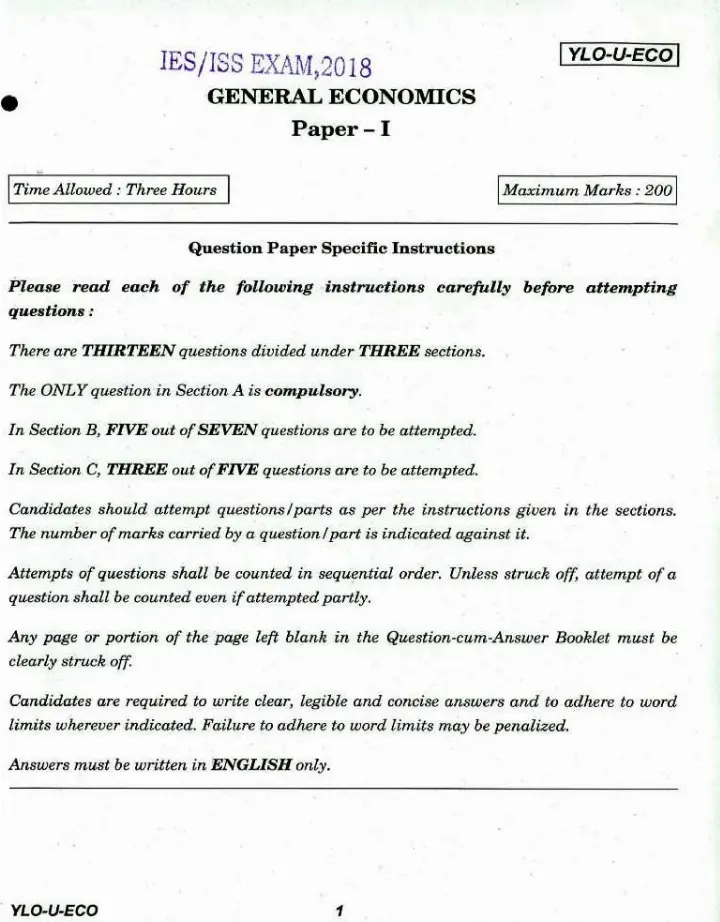 IES ISS 2018 General Economics Paper III question paper page 1 instructions scan PDF download UPSC exam