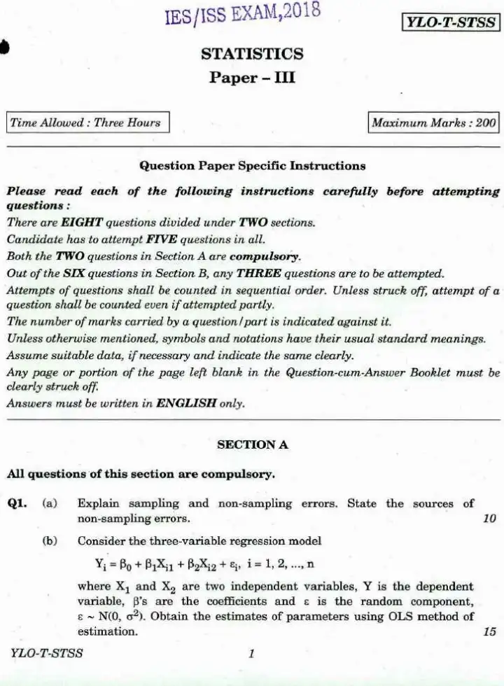 IES ISS 2018 Statistics Paper III question paper page 1 instructions scan PDF download UPSC