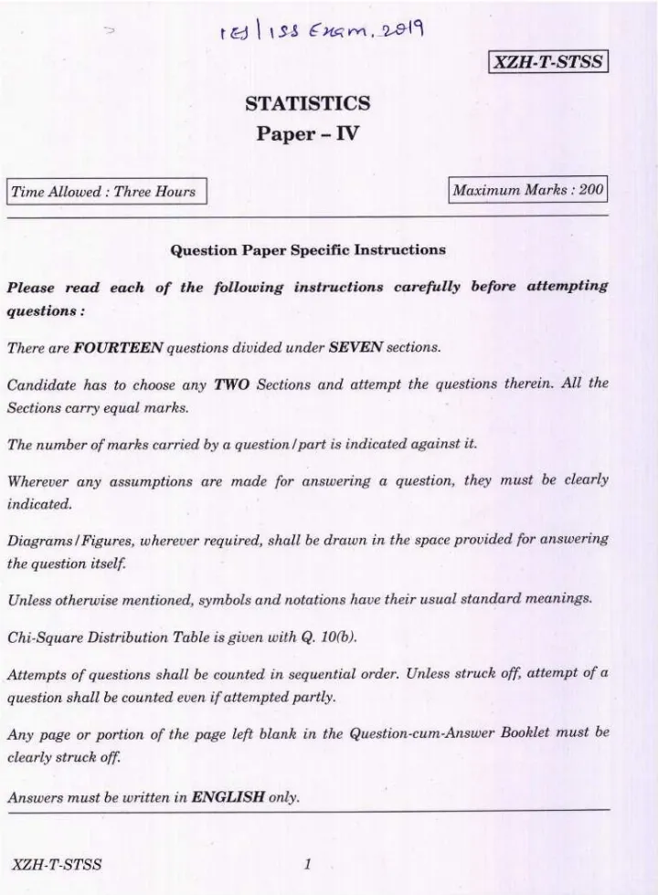 IES ISS 2019 Statistics Paper IV question paper page 1 instructions scan PDF download UPSC