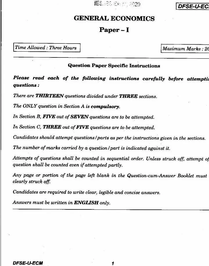 IES ISS 2020 General Economics question paper page 1 instructions scan PDF download. UPSC Indian Economic Service Indian Statistical Service exam paper.