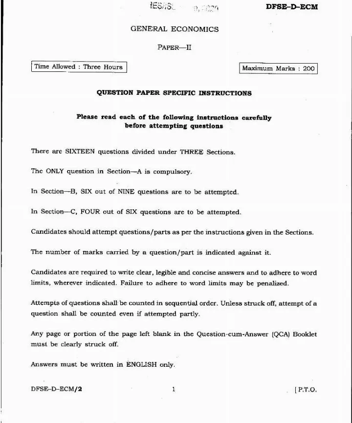 IES ISS 2020 General Economics Paper II question paper page 1 instructions scan PDF download UPSC
