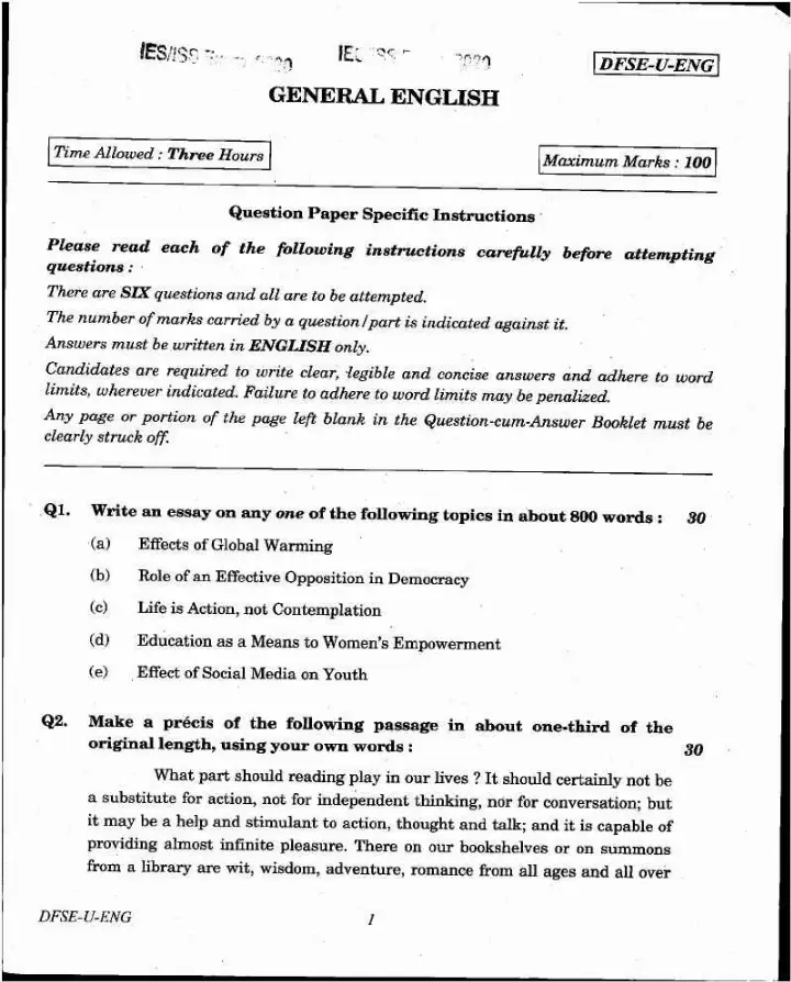 IES ISS 2020 General English question paper page 1 instructions scan PDF download UPSC