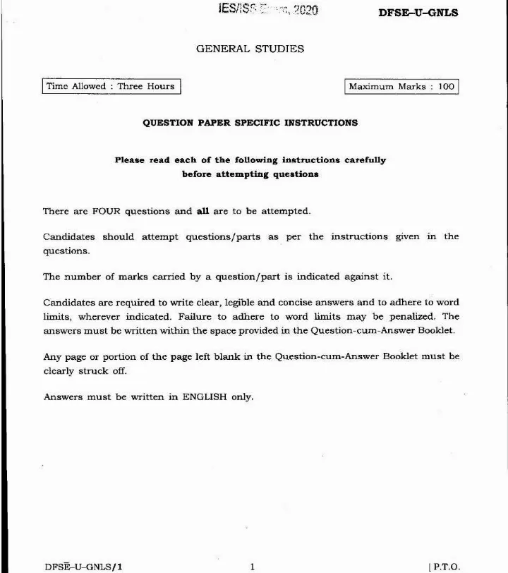 IES ISS 2020 General Studies question paper page 1 instructions scan PDF download UPSC