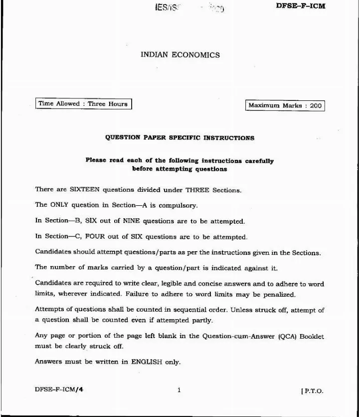 IES ISS 2020 Indian Economics question paper page 1 instructions scan PDF download UPSC