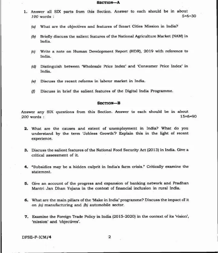 IES ISS 2020 Indian Economics question paper page 1 instructions scan PDF download UPSC