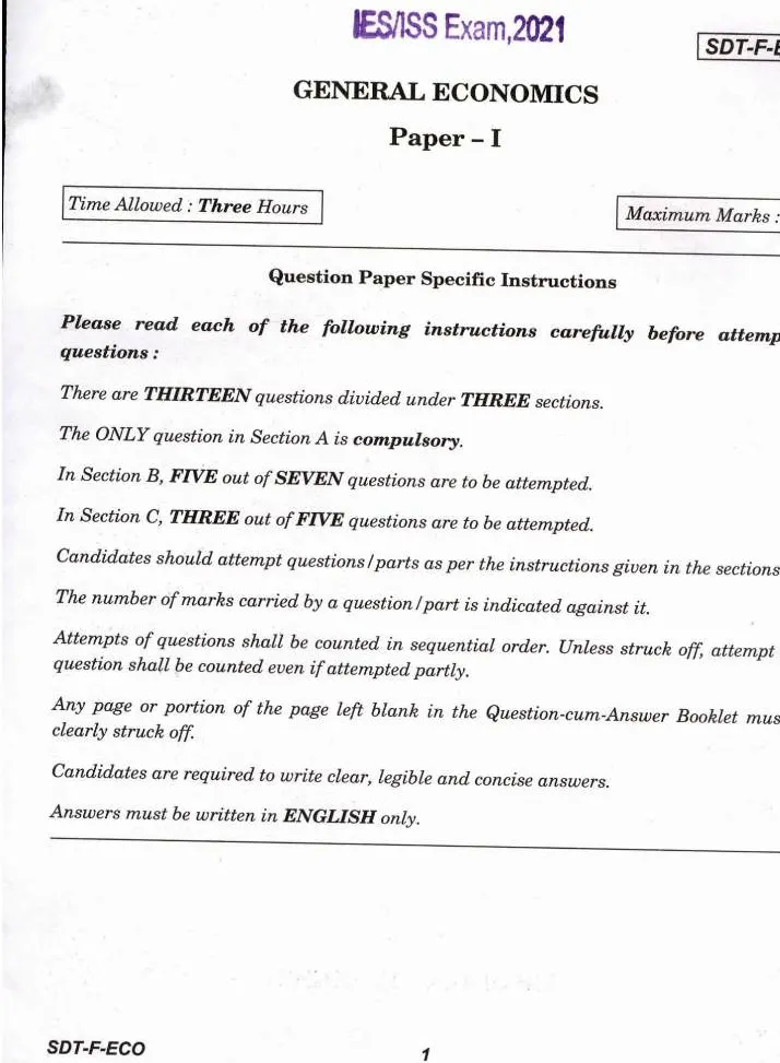 IES ISS 2021 General Economics Paper I question paper page 1 instructions scan PDF download UPSC