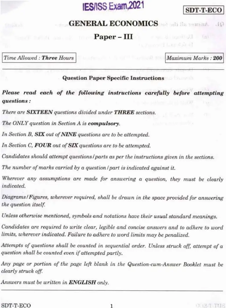 IES ISS 2021 General Economics Paper III question paper page 1 instructions scan PDF download