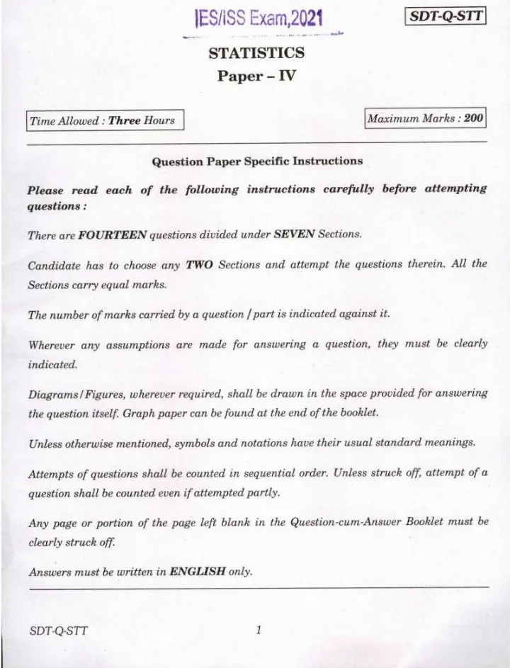 IES ISS 2021 Statistics Paper IV question paper page 1 instructions scan PDF download UPSC