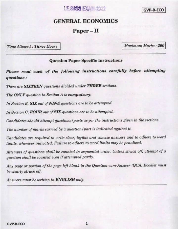 IES ISS 2022 General Economics Paper II question paper page 1 instructions scan PDF download UPSC exam paper