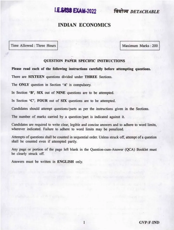 IES ISS 2022 Indian Economics question paper page 1 instructions scan PDF download UPSC exam