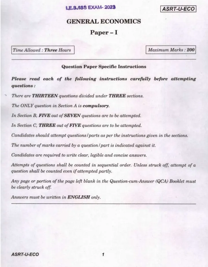 IES ISS 2023 General Economics Paper I question paper page 1 instructions scan PDF download UPSC