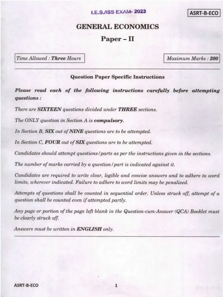 IES ISS 2023 General Economics Paper II question paper page 1 instructions scan PDF download UPSC