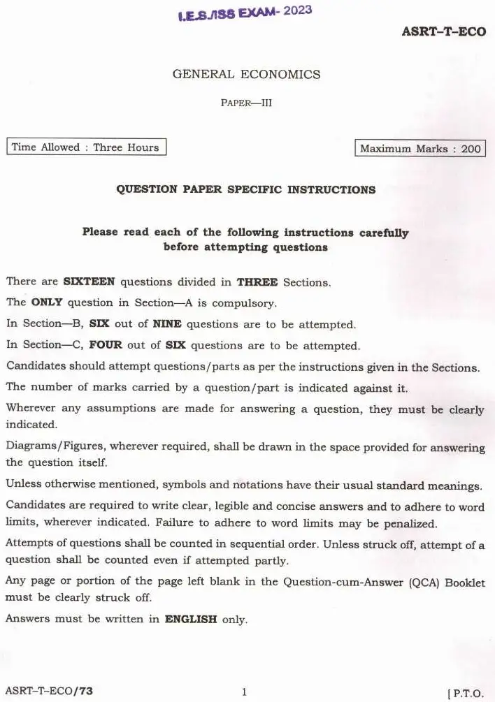 IES ISS 2023 General Economics Paper III question paper page 1 scan PDF download, featuring UPSC exam header and instructions for candidates.
