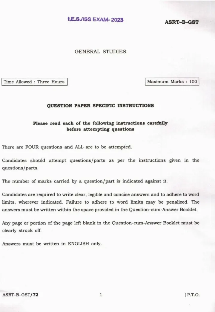 IES ISS 2023 General Studies question paper page 1 instructions scan PDF download UPSC