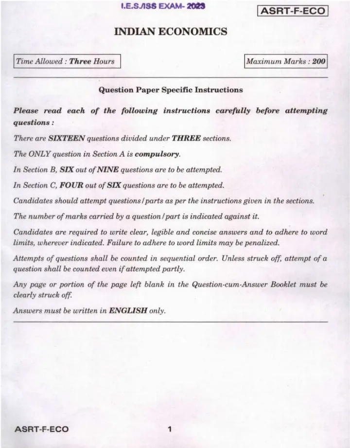 IES ISS 2023 Indian Economics question paper page 1 instructions scan PDF download UPSC exam