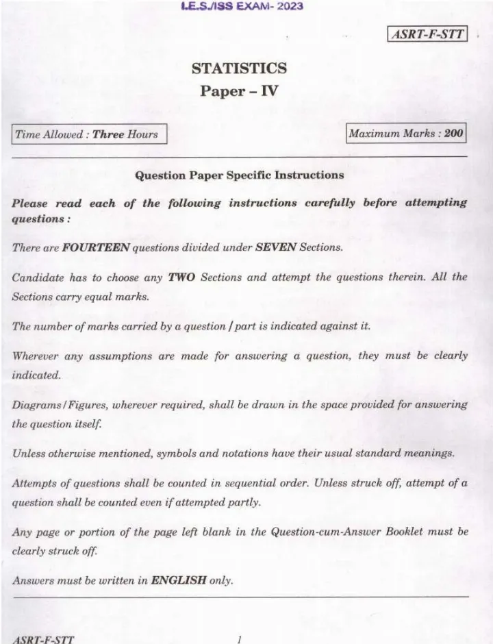 IES ISS 2023 Statistics Paper IV question paper page 1 instructions scan PDF download UPSC