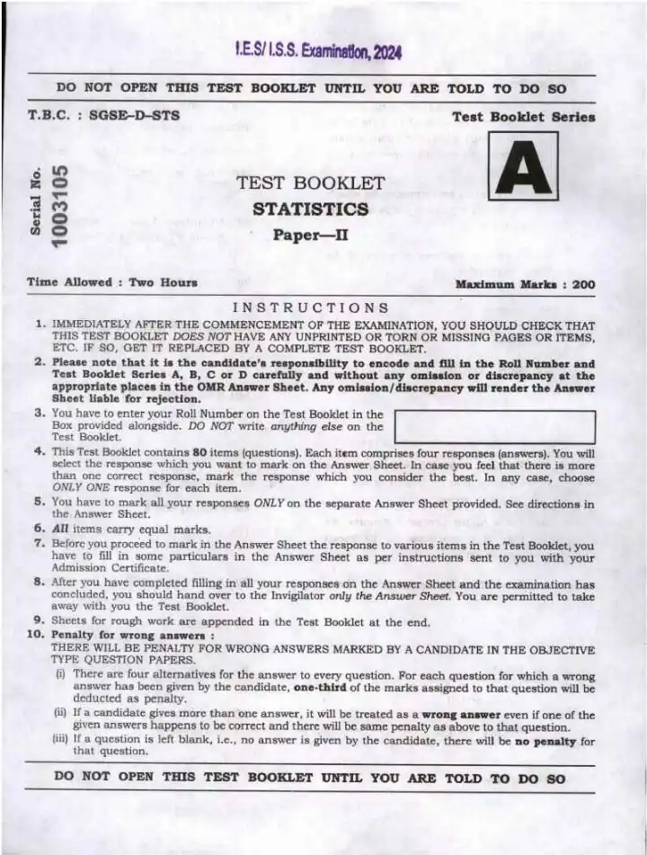 IES ISS 2024 Statistics Paper-II question paper page 1 instructions scan PDF download UPSC