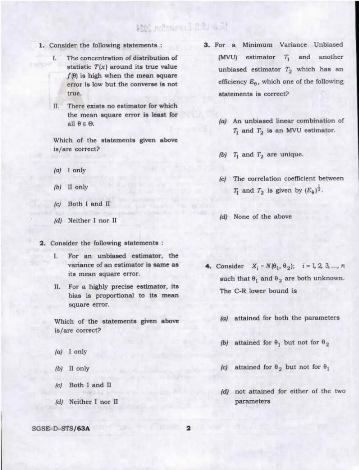 IES ISS 2024 Statistics Paper-II question paper page 1 instructions scan PDF download UPSC