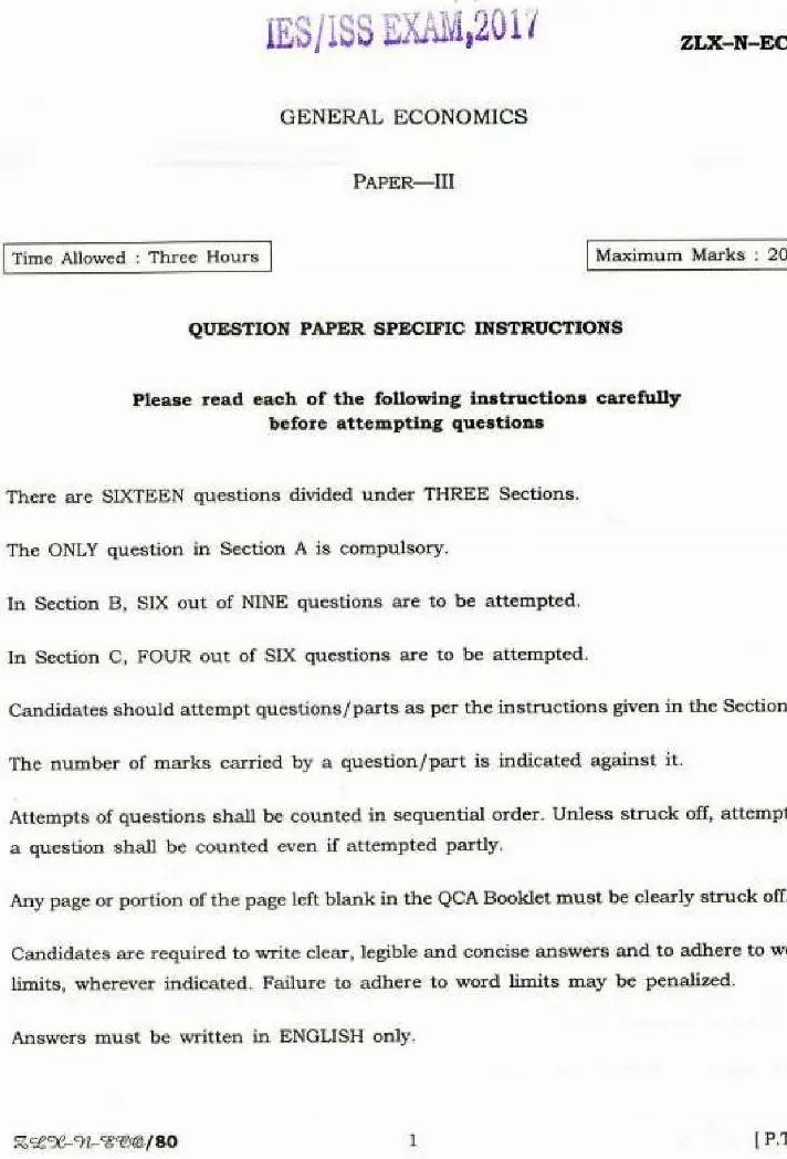 IES ISS Exam 2017 General Economics Paper III question paper page 1 instructions scan PDF download UPSC
