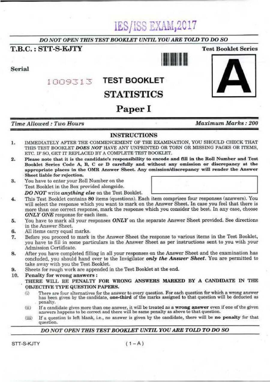 IES ISS 2017 Statistics Paper I question paper page 1 instructions scan PDF download UPSC