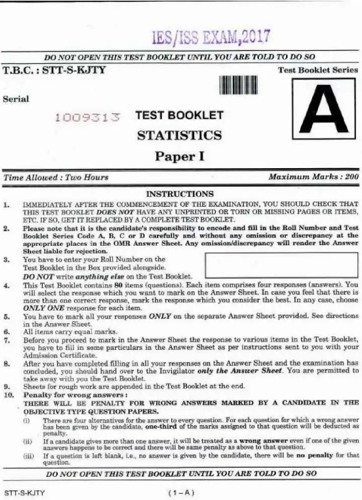 IES ISS 2017 Statistics Paper I question paper page 1 instructions scan PDF download UPSC