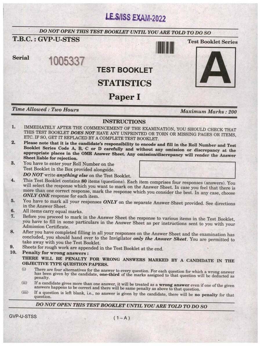IES ISS 2022 Statistics Paper I question paper page 1 instructions scan PDF download UPSC