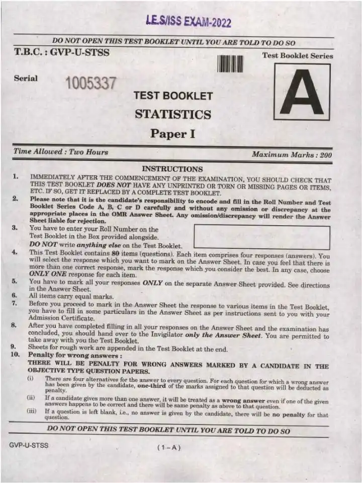 IES ISS 2022 Statistics Paper I question paper page 1 instructions scan PDF download UPSC