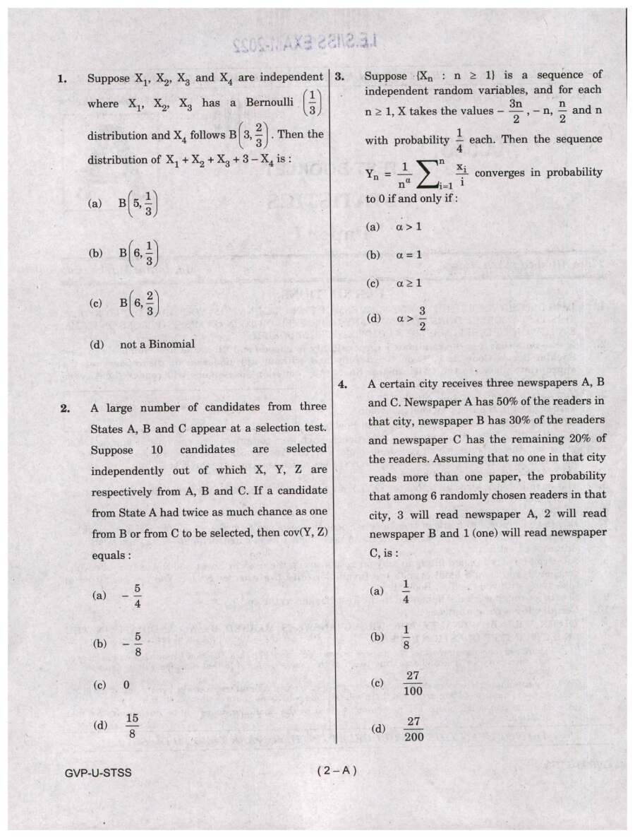 IES ISS 2022 Statistics Paper I question paper page 1 instructions scan PDF download UPSC