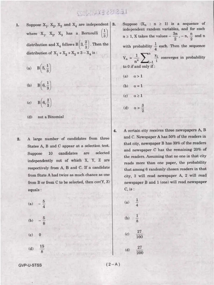 IES ISS 2022 Statistics Paper I question paper page 1 instructions scan PDF download UPSC