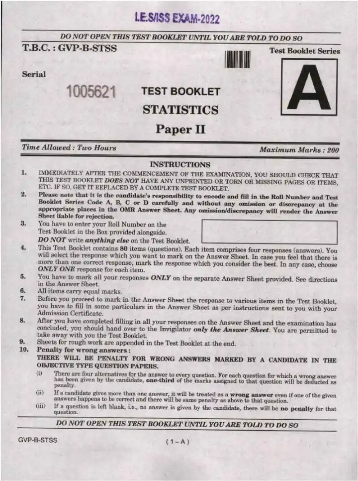 IES ISS Exam 2022 Statistics Paper II question paper page 1 instructions scan PDF download