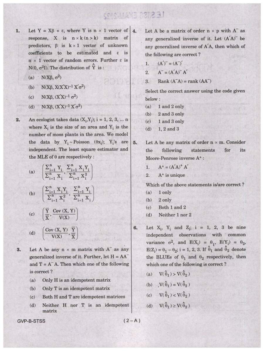 IES ISS Exam 2022 Statistics Paper II question paper page 1 instructions scan PDF download