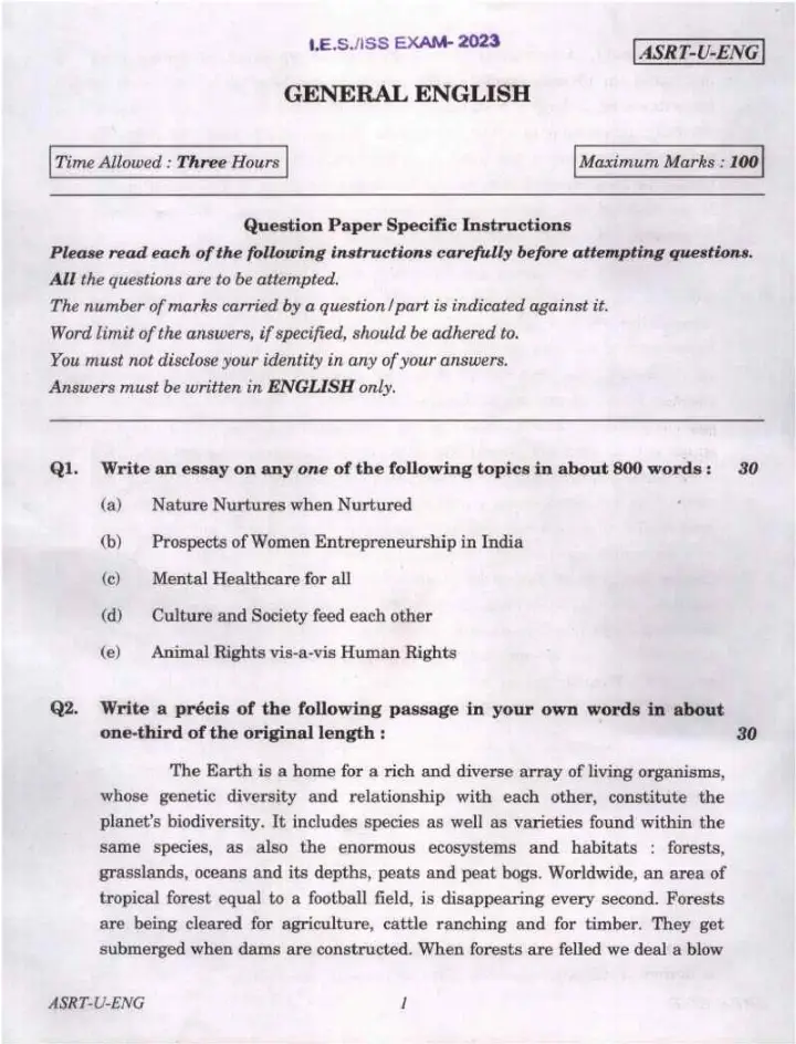 IES/ISS 2023 General English question paper page 1 instructions and exam header scan PDF download
