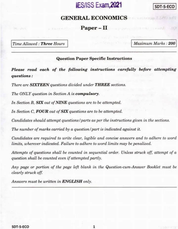 IES ISS 2021 General Economics Paper II question paper page 1 instructions scan PDF download UPSC