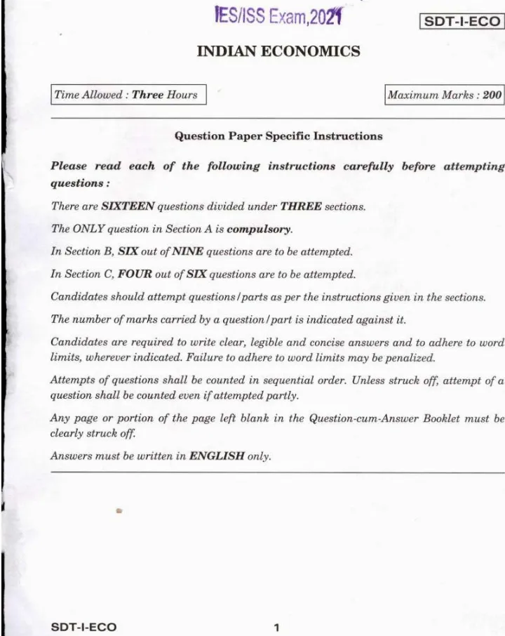 IES ISS 2021 Indian Economics question paper page 1 scan PDF download, featuring exam name, code, time, marks, and instructions for UPSC exam aspirants.