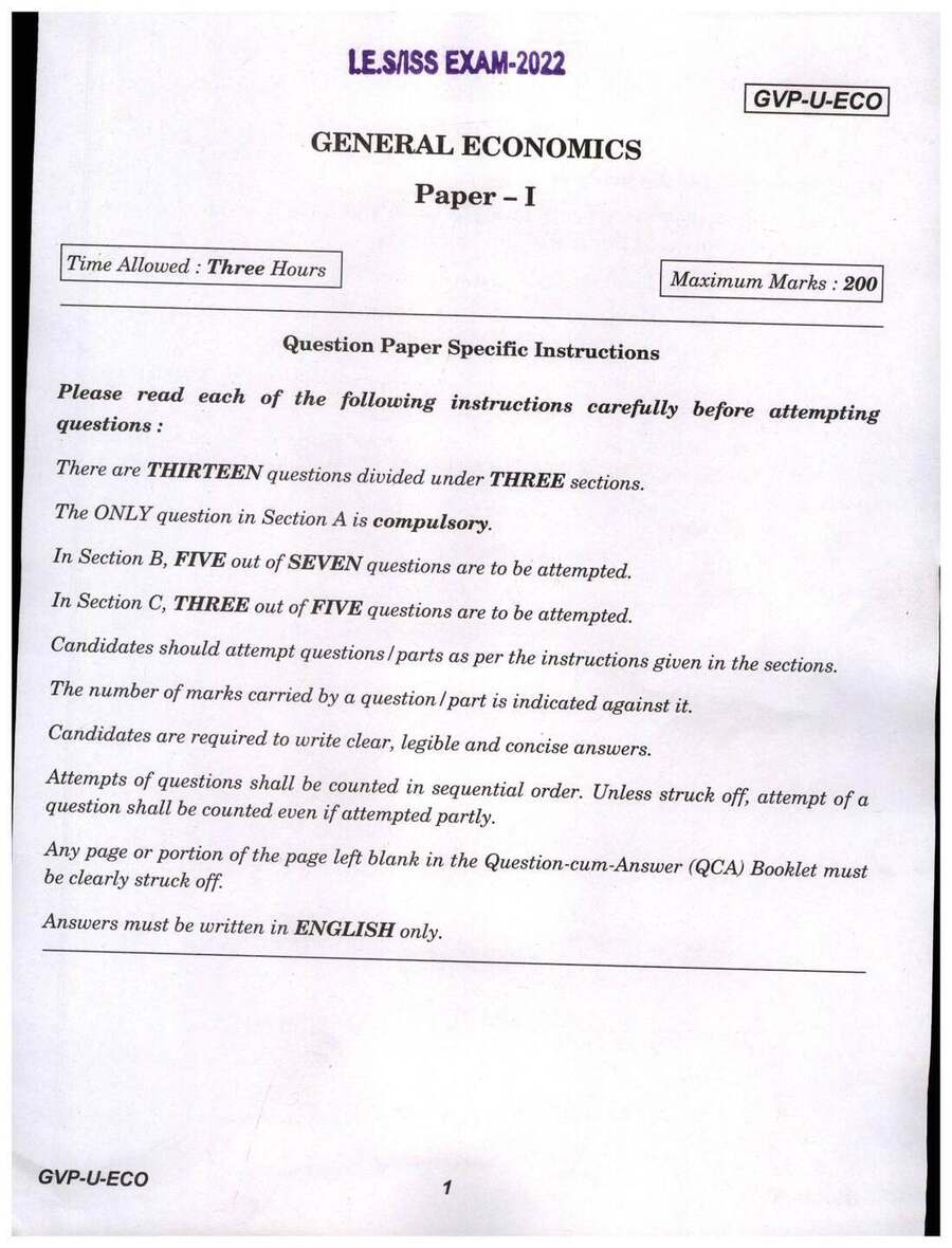 IES ISS 2022 General Economics Paper I question paper page 1 instructions scan PDF download UPSC