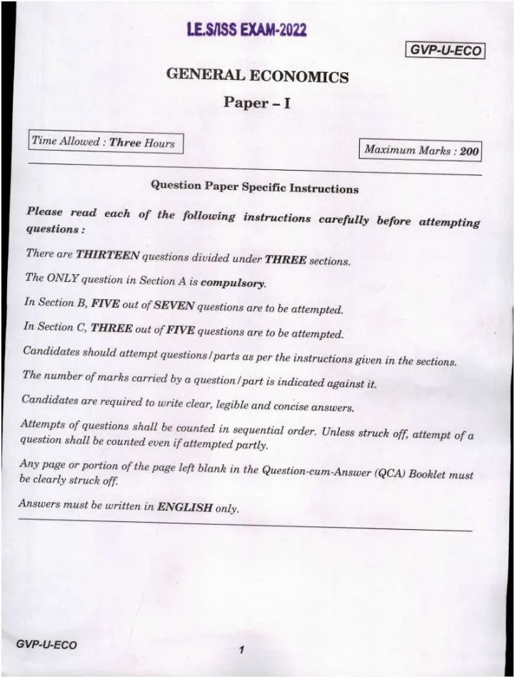 IES ISS 2022 General Economics Paper I question paper page 1 instructions scan PDF download UPSC
