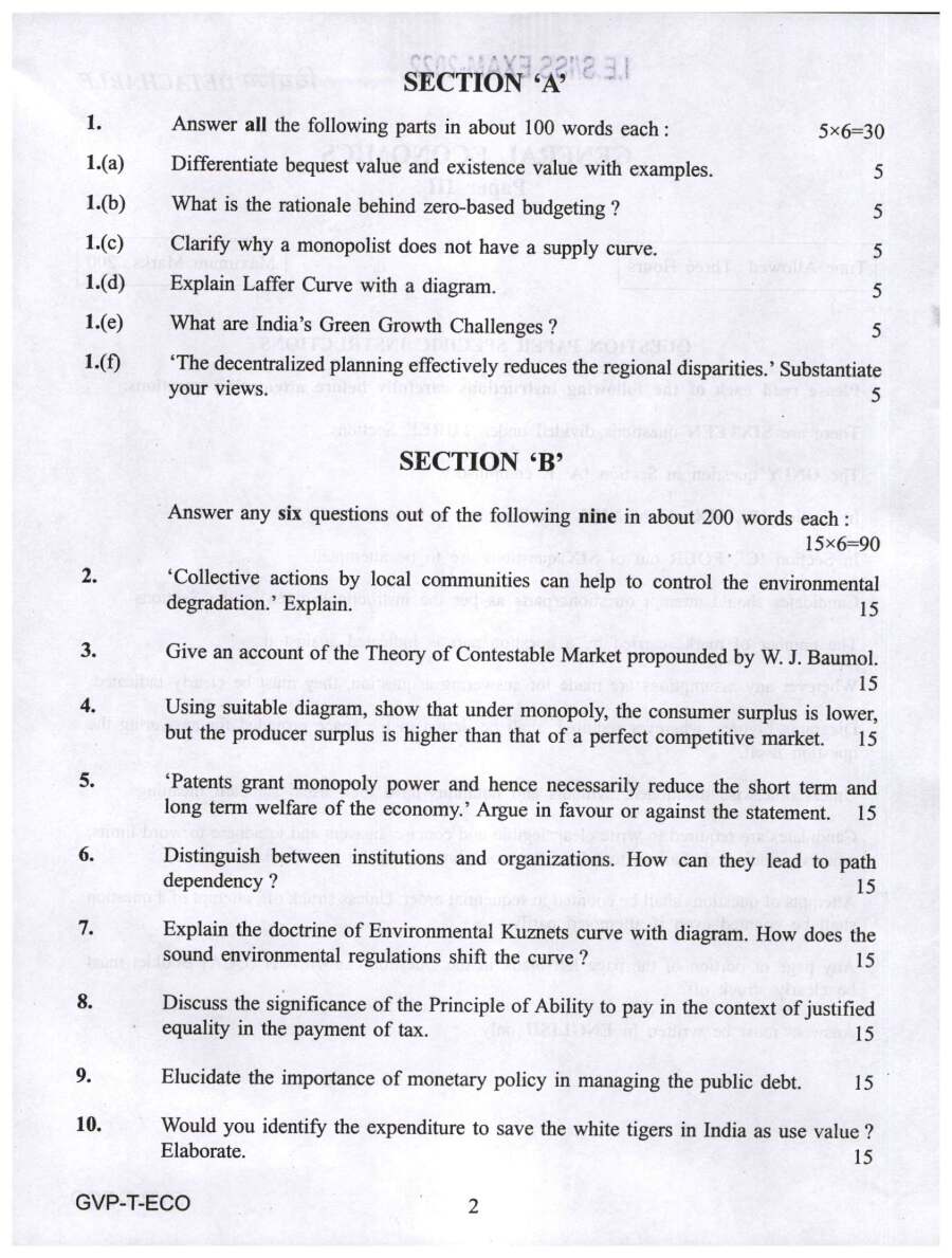 IES ISS 2022 General Economics Paper III question paper page 1 scan PDF download, UPSC exam instructions, header details