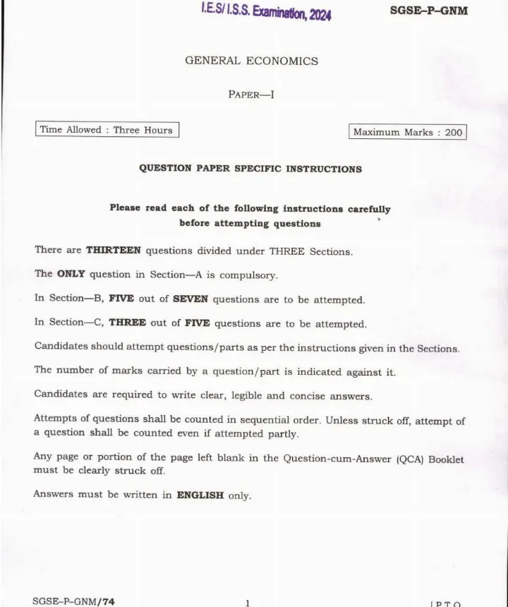 IES ISS 2024 General Economics question paper page 1 instructions scan PDF download UPSC exam