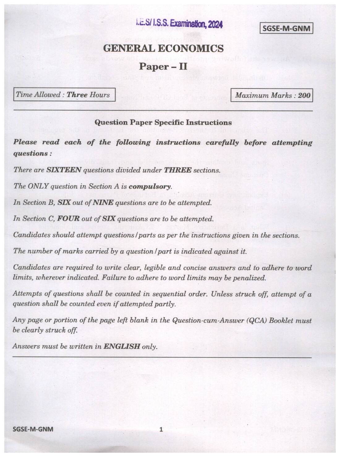 IES ISS 2024 General Economics Paper II question paper page 1 instructions scan PDF download UPSC exam paper