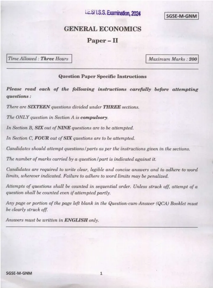IES ISS 2024 General Economics Paper II question paper page 1 instructions scan PDF download UPSC exam paper