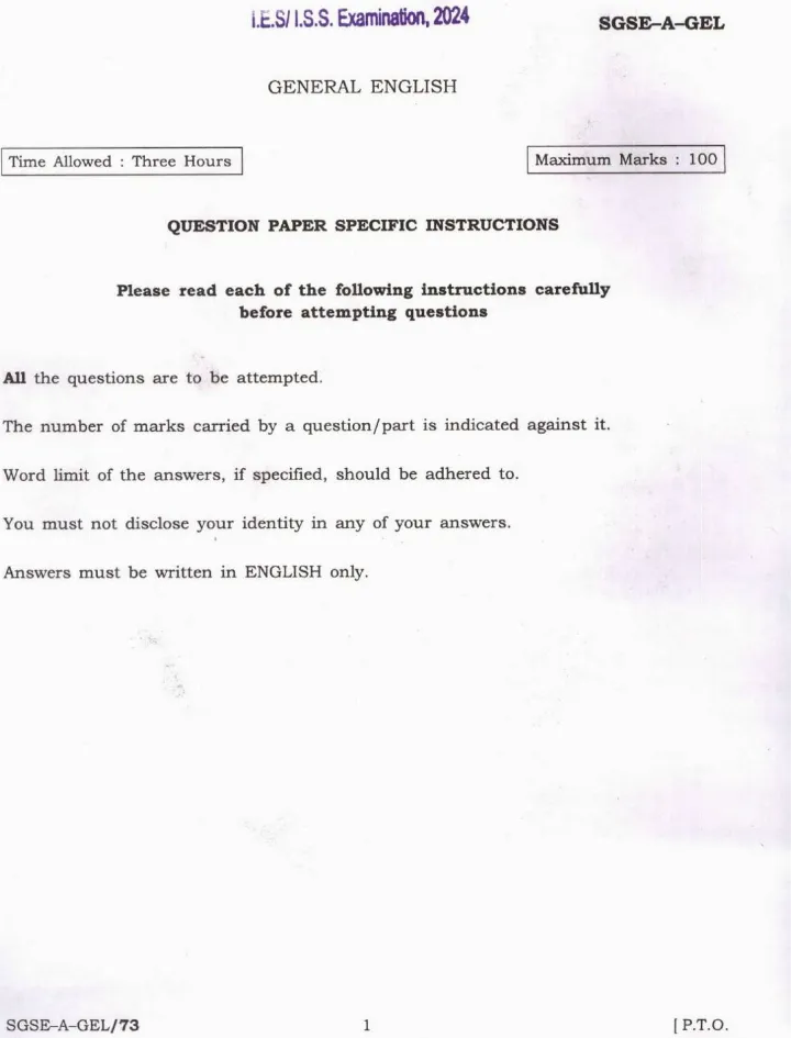 IES ISS 2024 General English question paper page 1 instructions scan PDF download UPSC