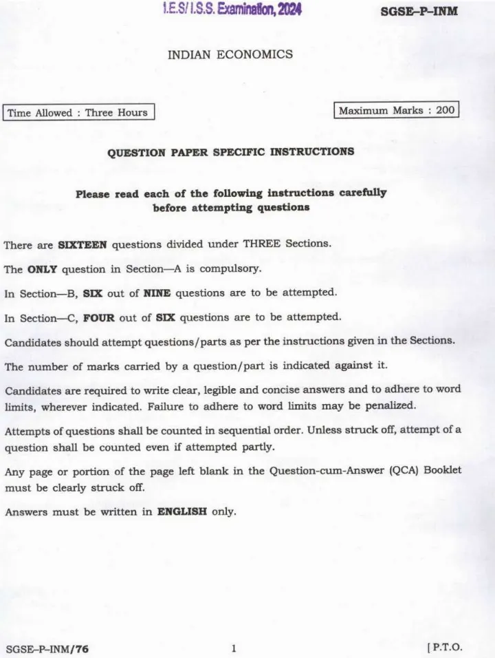 IES ISS 2024 Indian Economics question paper page 1 instructions scan PDF download UPSC