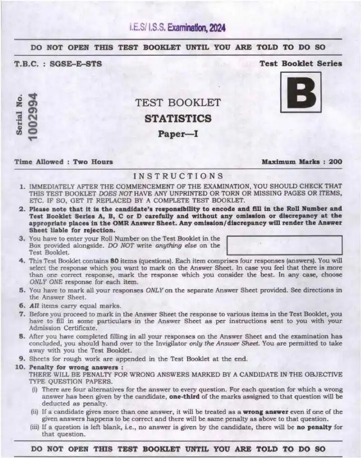 IES ISS 2024 Statistics Paper-I question paper page 1 instructions scan PDF download UPSC exam paper